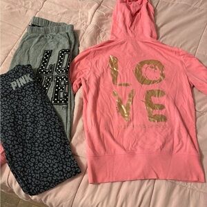PINK/Victoria’s secret vintage 3 pack! Pink zip up, grey sweat pants, leggings!